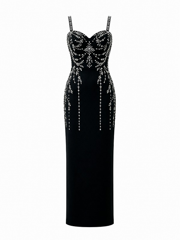 【新品DRESS 4833】フラワービジューデザインストレッチベアトップタイトロングドレス ブラック